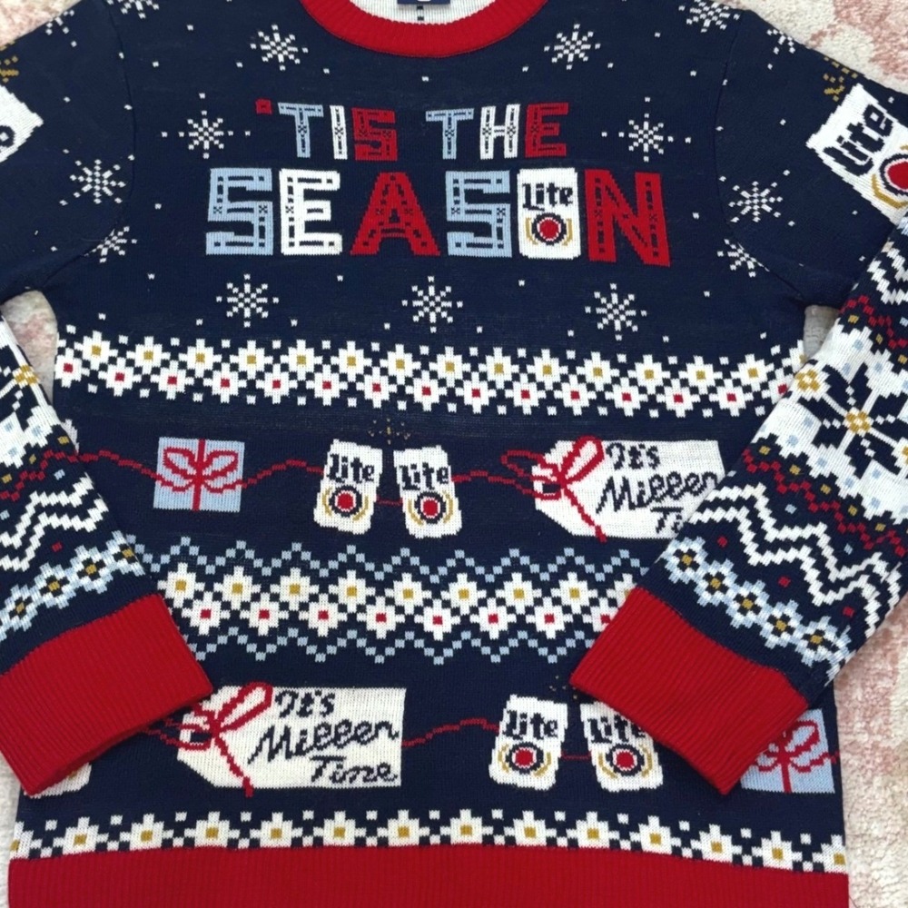 Knit Holiday Sweater Ugly Christmas Miller Lite Beer Navy Blue Red Party Mens M